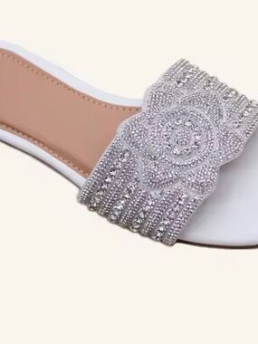 Boutique 9 White Slide Sandals with Silver Crystal Strap